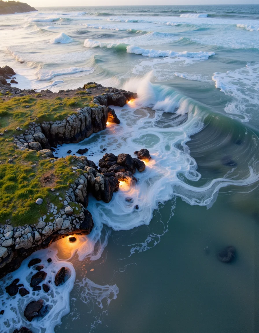 Real estate photography style, leading, remains, stretch, beauty, churning, glowing accents, above, vegetation, colorful, black, symbolic, dancing, fog, edge, sand, bathed, blues, Professional, inviting, well-lit, high-resolution, property-focused, commercial, highly detailed.