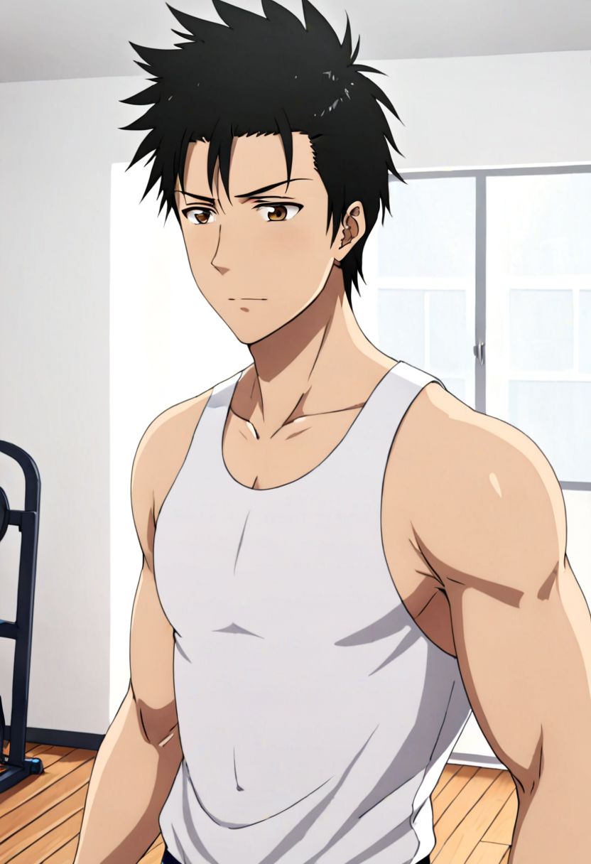 solo, 1boy, detailed_eye_model, easynegative, Soujirou Agata, Brown Eyes, Black Hair, gym boy, bedroom, bright, white walls, wooden floor, athletic, sixpack, gym equipment, enthusiastic, focused, tired