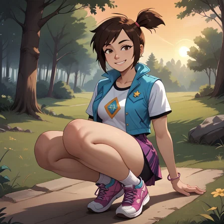 score_9, score_8, BREAK, <Lora:Molly_McGee:1.0> Molly, Tan Skin, (Dark Brown Hair), Short Hair, Side Ponytail Hair, Swetp Bangs, Dark Brown Eyes, bracelet, blue jacket, short sleeves, sleeveless jacket, (white sleeves:1.2), white t-shirt with black hems, purple striped skirt, black bike shorts, white socks, pink and yellow sneakers, adult female, mature female, breasts, sexy pose, self portrait, smile, outdoors, sunlight, shadows, evening lighting, natural lighting, forest, trees, grass, orange sky, sunset