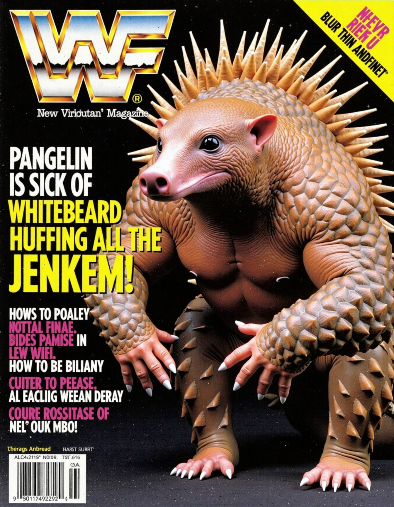 a WWF Magazine featuring a pangolin, with text " PANGOLIN IS SICK OF WHITEBEARD HUFFING ALL THE JENKEM ".
