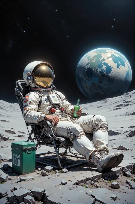 The image is a digitally created CGI scene depicting a lone astronaut relaxing on the Moon's surface. The astronaut, positioned in the foreground, is lying on a metallic chair, wearing a white spacesuit with a reflective gold visor covering their eyes. The spacesuit has various textures and seams, giving it a realistic appearance. The astronaut is holding a green bottle in their right hand, suggesting they might be enjoying a drink. Their left leg is propped up on a green, rectangular cooler box with white lettering that reads "COLD," implying it holds drinks or other chilled items.
The background features the vast, barren expanse of the Moon's surface, with its gray, rocky terrain and numerous craters. In the distance, the Earth is visible, partially illuminated by sunlight, showing its blue and green continents and white clouds. The Earth appears to be in the right half of the image, while the Moon's horizon is at the center. Above the Earth, the dark expanse of space is dotted with countless stars, creating a sense of vastness and isolation. To the right, a small, metallic ladder is leaning against the Moon's surface, suggesting a recent landing or exploration. The scene combines elements of realism and surrealism, creating a striking and imaginative depiction of space travel.
<lora:DarksunRIDDV3:0.5> <lora:flux_hyperkraximalism-balanced:0.5> <lora:Midjourney_-_SemiReal_Dreams_FLUX_LoRA:0.5> <lora:CPA:0.5> <lora:Anime_realistic_v2:0.5> Realistic anime style <lora:BLUE_mk4_angel_FLUX_01:0.5>