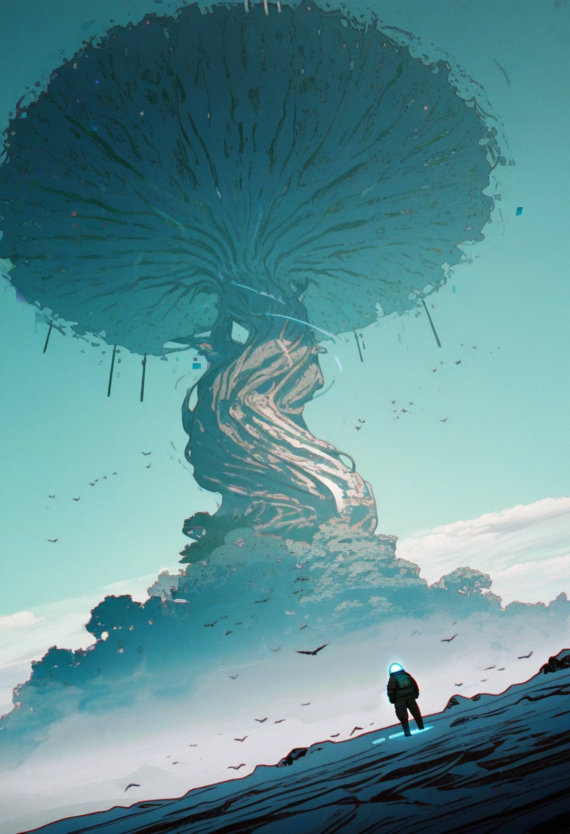 kiginobiru \(hayapi\), [[leonardo_vincent|kieed]|banishment::0.4], [masterpiece, best quality, high quality, 1other, above clouds, ambiguous gender, bird, cloud, dutch angle, fishbowl helmet, floating island, from behind, giant tree, glowing, nature, outdoors, scenery, science fiction, sky, spacesuit, standing on branch, tree, very wide shot,(glitch), scanlines, vhs artifacts