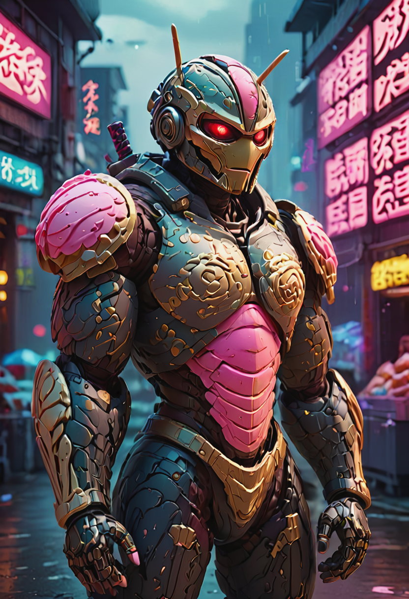 GelatoStyle, Image depicts a futuristic, cyberpunk-style warrior standing in a neon-lit urban environment. The subject is clad in an elaborate, dark armored suit with intricate details and glowing gold accents. The helmet features sharp, angular designs with a menacing, visor-covered face. The armor includes various technological components and Japanese kanji characters in white and gold on the chest and arm. The warrior is equipped with multiple swords, sheathed on the back and sides, and the overall aesthetic is dark and imposing. The background showcases a rainy city street with neon signs in Japanese, adding to the cyberpunk atmosphere. Black Smoke emanating from behind the samurai, full body <lora:GelatoStyleV1_5-000017:1>