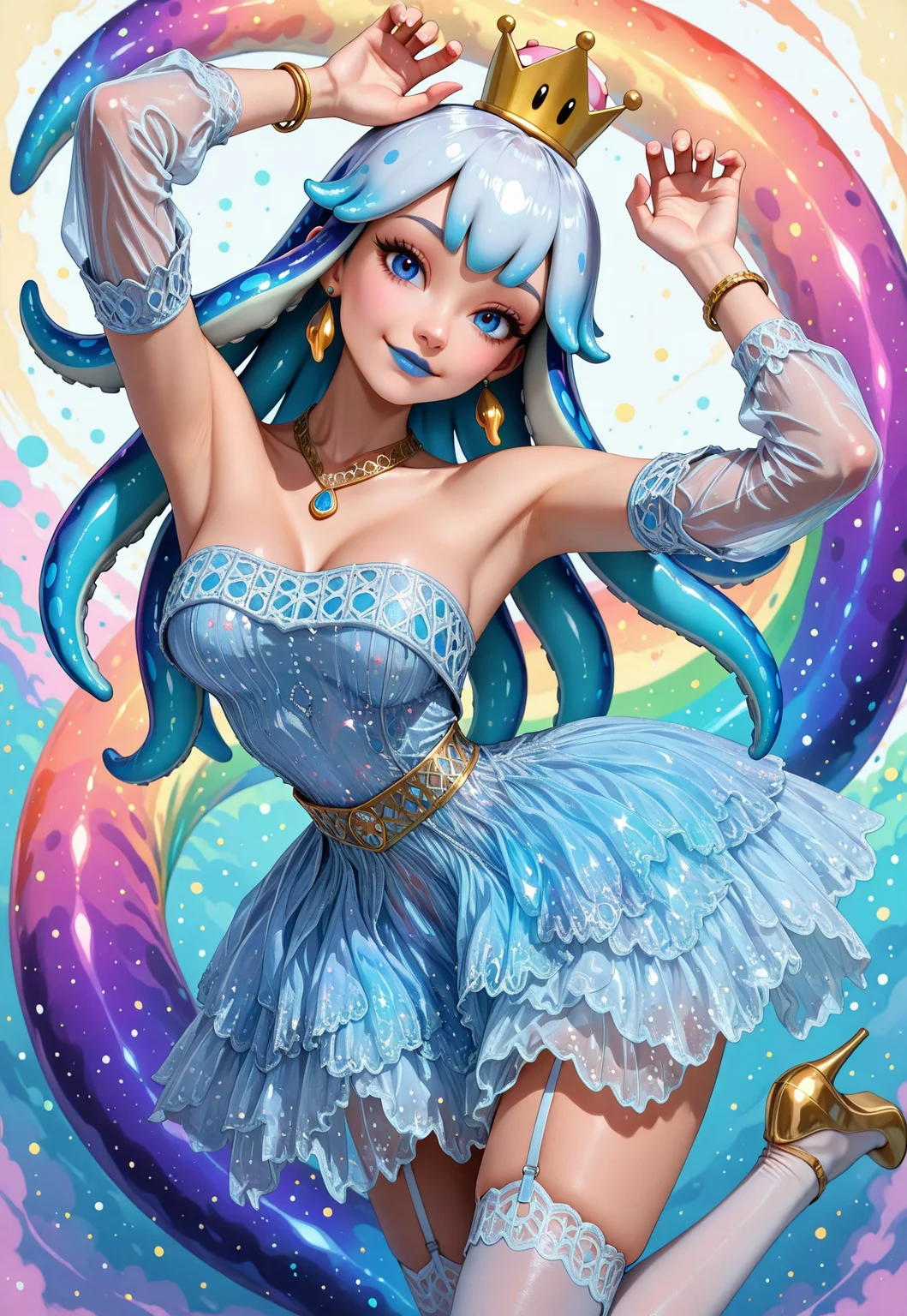 masterpiece, high details, bright colors, vibrant, abstract rainbow magic colors background,
BREAK,
Bloopette, super crown, blue eyes,
(blue and white hair, tentacle hair:1.2, spotted hair:1.4), blue lipstick, blooper iconography,
medium breasts, deltoids,
gold necklace, gold earrings, armlet, gold jewelry, jewel armlet, multiple bracelets,
BREAK,
atlr dress, short dress, see-through dress, metallic white and blue dress, glitter dress, blue frilled skirt,
see-through sleeves, detached sleeves, puffy long sleeves, white sleeves,
gold garter straps, gold belt,
garter straps, lace-trimmed sleeves,
white thighhighs, lace-trimmed thighhighs,
gold lace, gold frills, gold trim,
gold heels,
BREAK,
cowboy shot, looking at viewer, foreshortening,
head tilt, flying, floating, claw pose, leaning forward, arms up, legs up, arched back, cute, light smile,