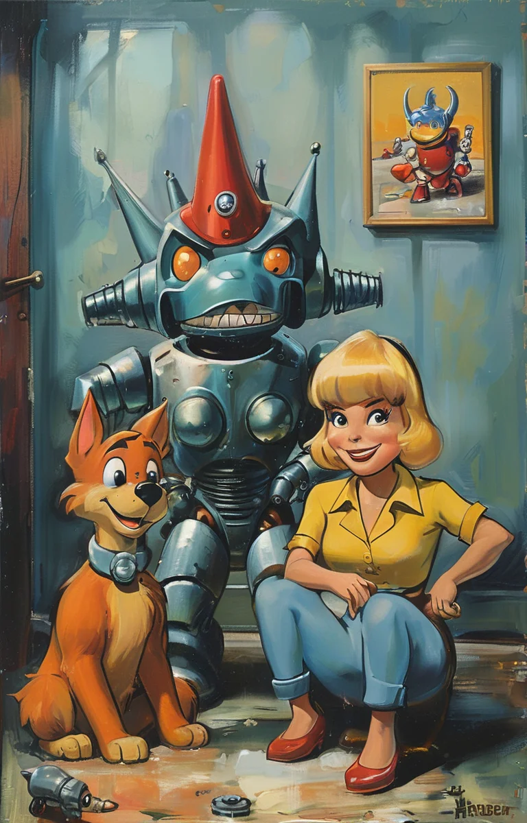 masterpiece,best quality,<lora:tbh285-sdxl:0.9>,illustration,style of Hanna-Barbera portrait of Housework robots