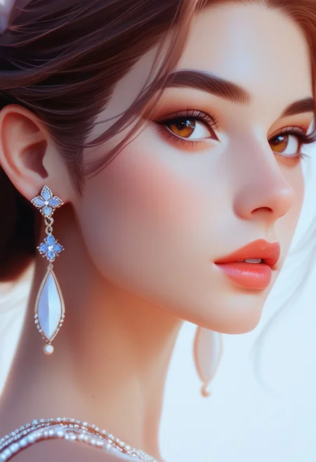 score_9,score_8_up,score_7_up, female model, elegant earring, hazel eyes, close up, head shot, looking at viewer
