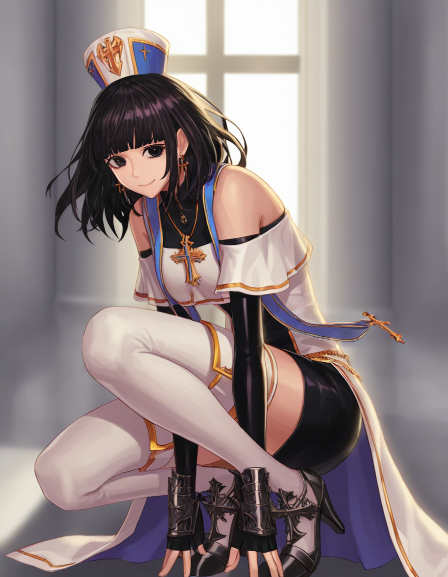 masterpiece,best quality,1girl,squatting,cowboy shot,black eyes,looking at viewer,closed mouth,smile,indoors,<lora:nmpix___simulate:0.8:LBW=KEEPCHAR>,yjnaima1,hat,MEDIUM hair,messy hair,black hair,bangs,blunt bangs,jewelry,earrings,cross,breasts,dress,black skirt,pencil skirt,WHITE coat,black gloves,fingerless gloves,elbow gloves,detached sleeves,short sleeves,bare shoulders,white thighhighs,high heels,