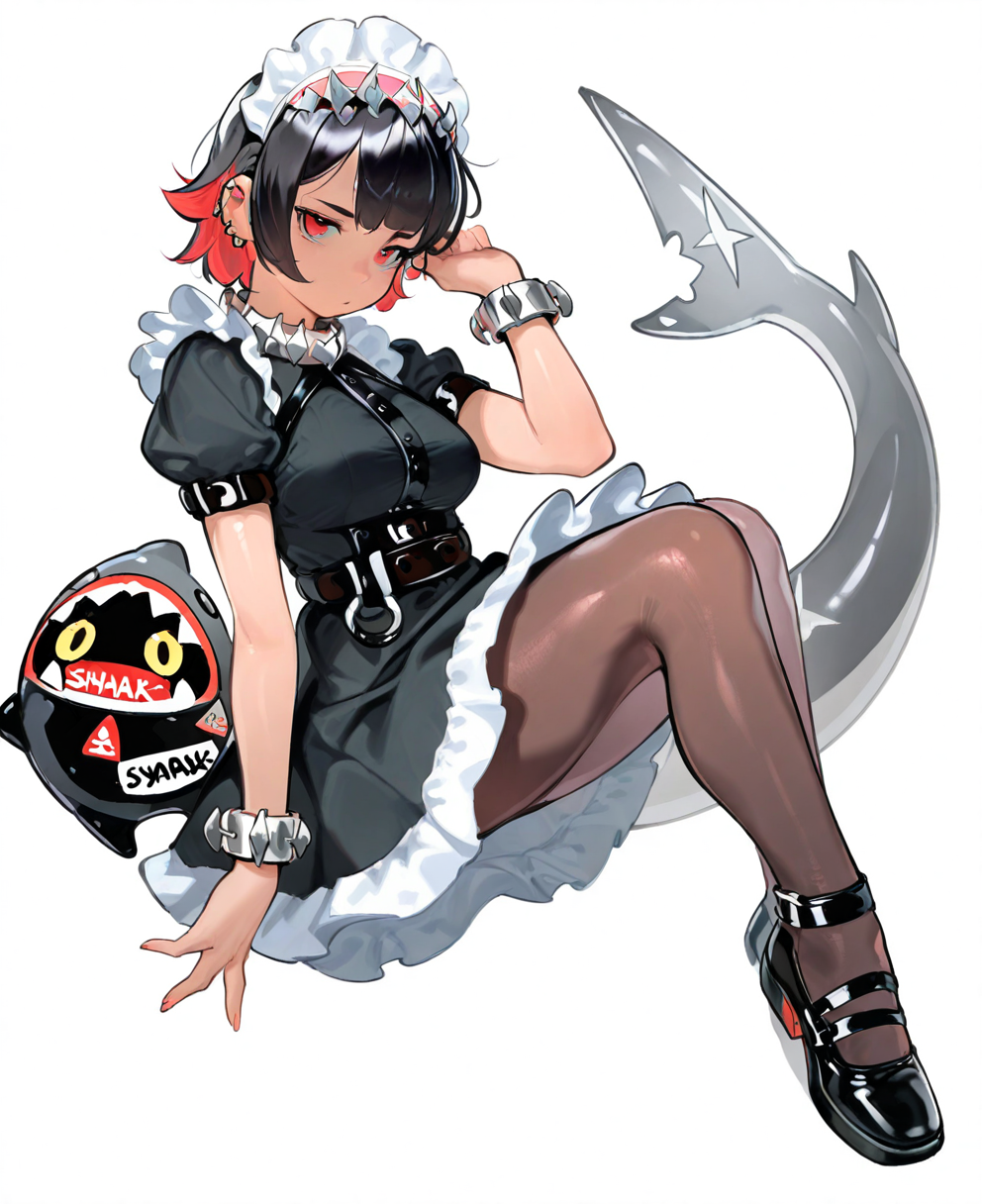 <lora:bea_lenoir:1> bea_lenoir,
(masterpiece), (best quality), (ultra-detailed), amazing quality, very aesthetic, illustration, perfect composition, intricate details, absurdres, incredibly absurdres, shiny skin, realistic,
 bea_lenoir, 1girl, red eyes, black hair, fish tail, shark tail, solo, white background, maid headdress, short sleeves, black footwear, red hair, short hair, puffy sleeves, pantyhose, piercing, looking at viewer, simple background, fins, multicolored hair, maid, tail, ear piercing, puffy short sleeves, full body, bracelet, dress, shoes, jewelry, black dress, brown pantyhose, breasts, shark girl, sensitive