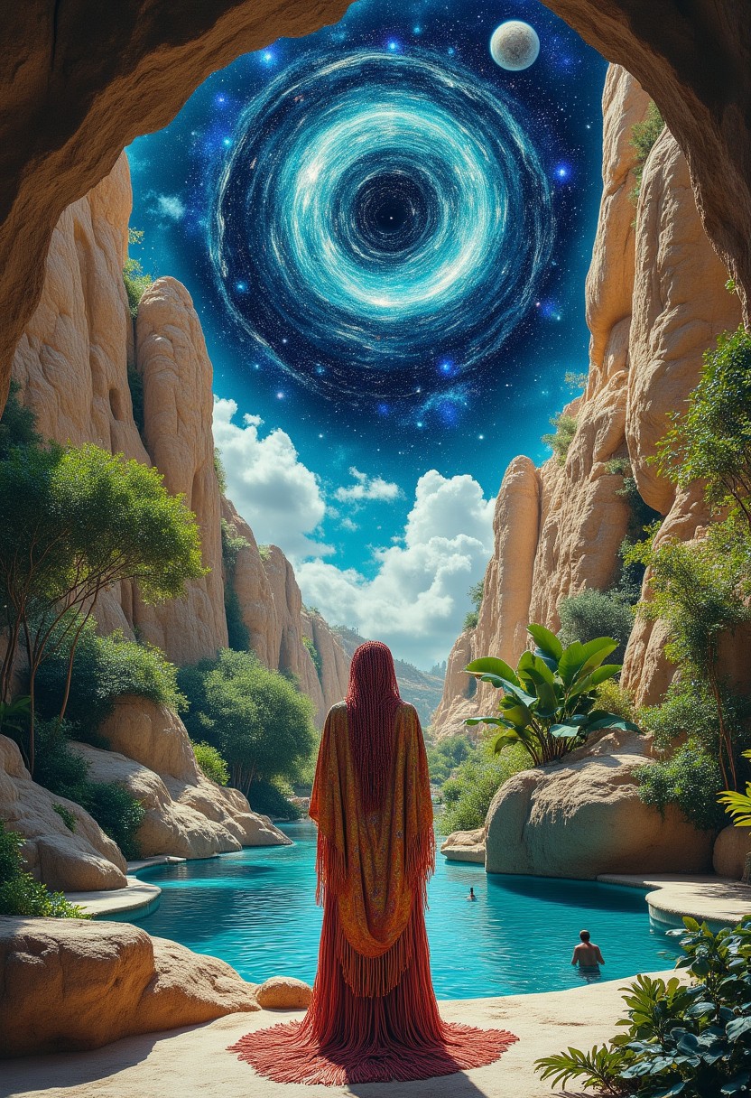 macram style, knotted, fringed, textured, bohemian mystical oasis: a lone figure cloaked in shimmering silks, surrounded by lush greenery and towering sandstone formations, gazing up at a swirling vortex of stars and celestial bodies suspended above a tranquil pool of water.
  , aidmamj6.1