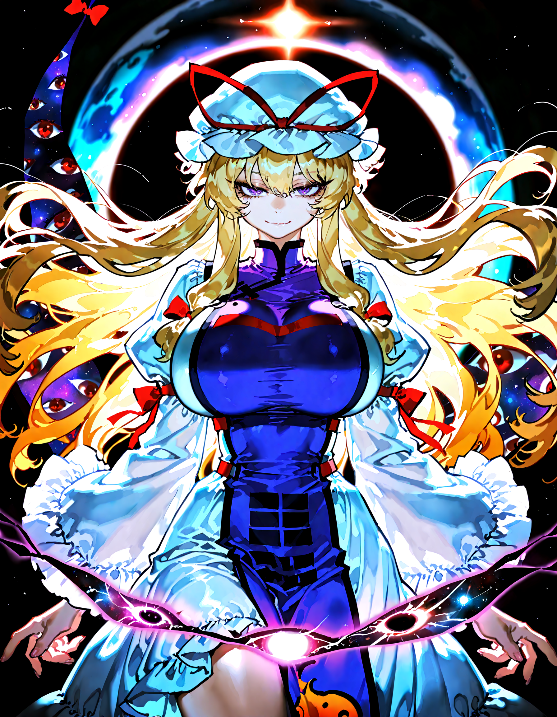 optical illusion, ssambatea, quasarcake, Fishine,yakumo_yukari, absurdres, highres, 1girl,  huge breasts, cowboy_shot, dress, gap_(touhou) ,hat, hat_ribbon, long_hair, looking_at_viewer ,mob_cap ,purple_dress, purple_eyes, red_ribbon, ribbon , cowboy shot, solo, very_long_hair, black_background, white_hat, eyes on background, black hole ,yin yan, glowing, star, earth, space, space hair, cosmic horror, horror \(theme\), naughty face,<lora:illustrious_noobai_epsilon_pred_1_best_quality_v1:0.7> ,<lora:illustrious_noobai_epsilon_pred_1_masterpieces_v1:0.7>, <lora:ponyv4_noob1_2_adamW:0.7>,
