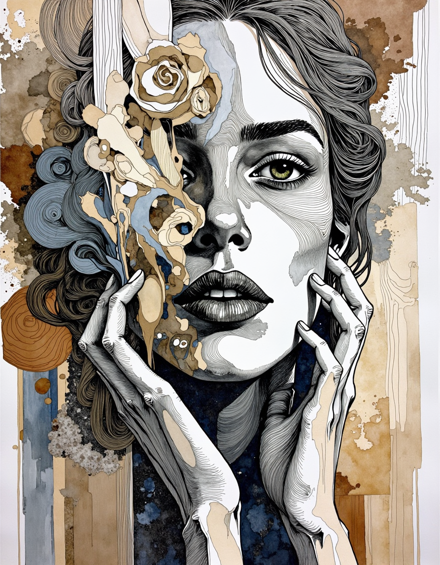 This is a highly detailed, abstract watercolor and ink painting of a woman's face. The artwork is characterized by a blend of soft and hard lines, creating a dynamic interplay between smooth and textured surfaces. The woman's face is depicted in a surreal, fragmented manner, with her eyes, nose, and mouth visible but partially obscured by abstract shapes and patterns. Her expression is contemplative, with her lips slightly parted and her eyes gazing directly at the viewer.
The background features a mix of muted earth tones, including browns, beiges, and whites, which contrast with the darker, more defined areas of the painting. The woman's hair is depicted as a mass of intricate, swirling lines, adding to the overall abstract feel of the piece. Her hands are delicately placed near her face, with her fingers gently touching her cheeks, adding a sense of tenderness and introspection.
The use of watercolor and ink gives the painting a fluid, organic quality, with the ink providing sharper lines and the watercolor creating softer, more blended areas. The overall style is a blend of surrealism and abstract expressionism, with a focus on emotional depth and visual complexity. <lora:Illustration_Style_IV-3:0.85>