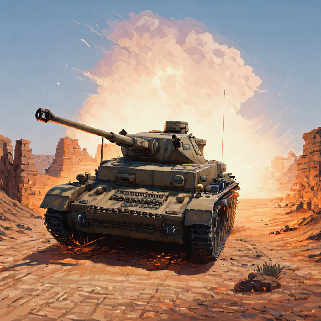 A pnzr4tnk tank advances through the Libyan desert under a scorching sun, part of Rommel's Afrika Korps. The tank's silhouette is set against the vast, open desert, kicking up clouds of dust as it moves to engage British positions, showcasing the tank's role in the North African Campaign  ((pulp_comic, heavy_lines, hand_drawn, hand_inked, hand_colored, perfect_face, apxlz))