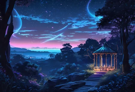 serene night, beautiful sky, dancing silhouette, Complex landscape, best quality, pastel colors, light blue tint, aesthetic Ethereal, Effulgent, Idyllic atmosphere, Tranquil, ethereal quality, cinematic volume, Twinkling lighting, glowing aura, global illumination, glowneon, Anisotropic Filtering, Unrivaled Opus, Unconventional, hyper detailed, HDR,