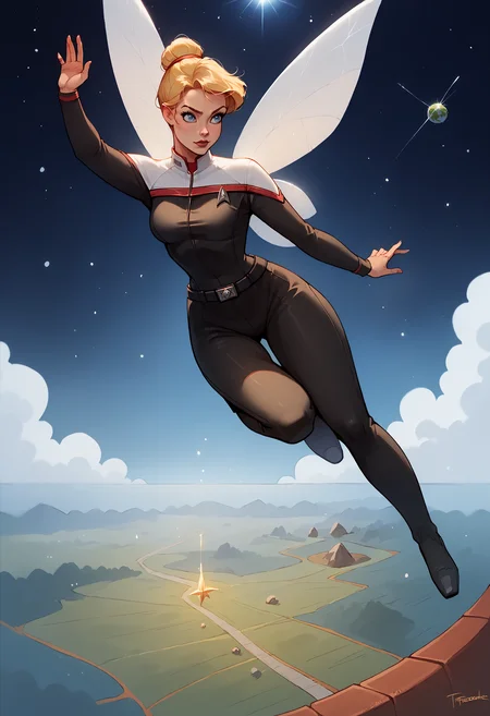 score_9, score_8_up, score_7_up, score_6_up, score_5_up, TinkerWaifu, magic particles, cute pose, medium breasts, narrow waist, wide hips, thick thighs, cinematic, fairy wings, blue eyes, sexy, hair bun, disney style, realistic, flying,outer space detailed landscape, spaceship,planet,stars,sciencefiction, <lora:tinkerbellPonyXL_character:0.8>
toddunf,star trek uniform,black jumpsuit,white shoulders
,<lora:STOdysPony>