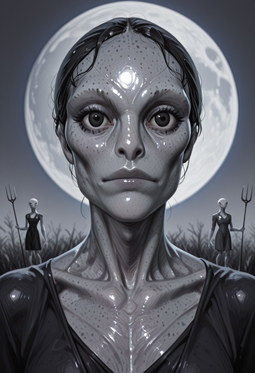 ((source_realistic:1.6)), hyper detailed, (dynamic pose:1.4), depth of field, 
alien,gray skin,large eyes,black eyes
surreal sci-fi reinterpretation of American Gothic, where the traditional farmer and lady are replaced with two tall, slender gray aliens with large, glossy black eyes and elongated, expressionless faces. They stand in front of a eerily familiar farmhouse with wooden panels 
The farmer alien grips a pitchfork, while the lady-alien wears an old-fashioned dress infused. Their skin has a soft, silver sheen, reflecting the cold, ambient light from a mysterious full moon that appears far too large in the sky.
The background showcases an eerie yet mesmerizing blend of Earth and an alien world—strange purple crops grow in neat rows, and the sky is an ethereal mix of swirling nebulae and distant planets. 
The lighting is moody and cinematic, with a mix of soft ambient glow from the celestial sky and the harsh. The composition retains the rigid, iconic posture of American Gothic, but the unsettling