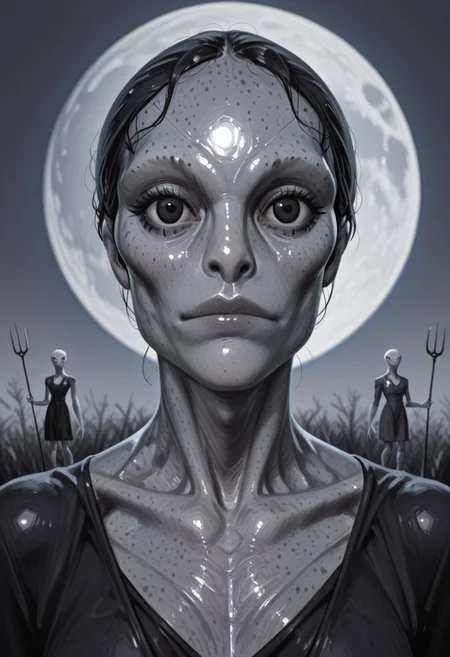 ((source_realistic:1.6)), hyper detailed, (dynamic pose:1.4), depth of field, 
alien,gray skin,large eyes,black eyes
surreal sci-fi reinterpretation of American Gothic, where the traditional farmer and lady are replaced with two tall, slender gray aliens with large, glossy black eyes and elongated, expressionless faces. They stand in front of a eerily familiar farmhouse with wooden panels 
The farmer alien grips a pitchfork, while the lady-alien wears an old-fashioned dress infused. Their skin has a soft, silver sheen, reflecting the cold, ambient light from a mysterious full moon that appears far too large in the sky.
The background showcases an eerie yet mesmerizing blend of Earth and an alien world—strange purple crops grow in neat rows, and the sky is an ethereal mix of swirling nebulae and distant planets. 
The lighting is moody and cinematic, with a mix of soft ambient glow from the celestial sky and the harsh. The composition retains the rigid, iconic posture of American Gothic, but the unsettling