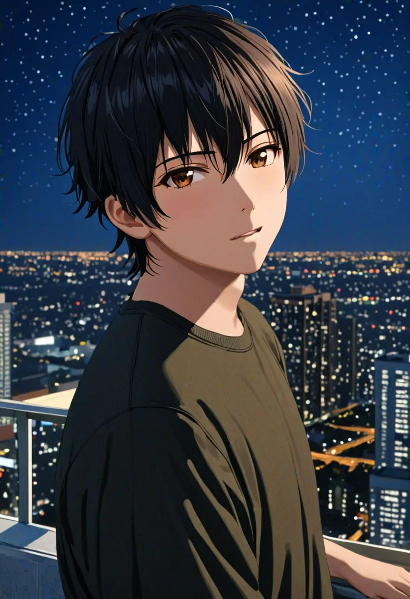 Highres, Masterpiece, High Quality, 4K, Yuusuke Fujisaki, 1boy, solo, black hair, narcissistic, high-rise building roof, Realistic Light, candid photo, Night View, Night Landscape View