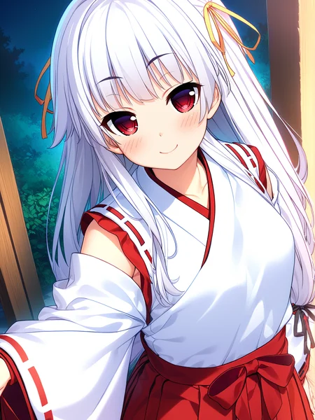 masterpiece, best quality, high quality, aesthetic, absurdres, insanely detailed,
1girl, miko, long hair, smile, blush, red eyes, looking at viewer, hakama , white hair, night, ribbon, red hakama, hair ribbon, veranda, forest, nature,
<lora:itolife-style-xl_v1.0:1>