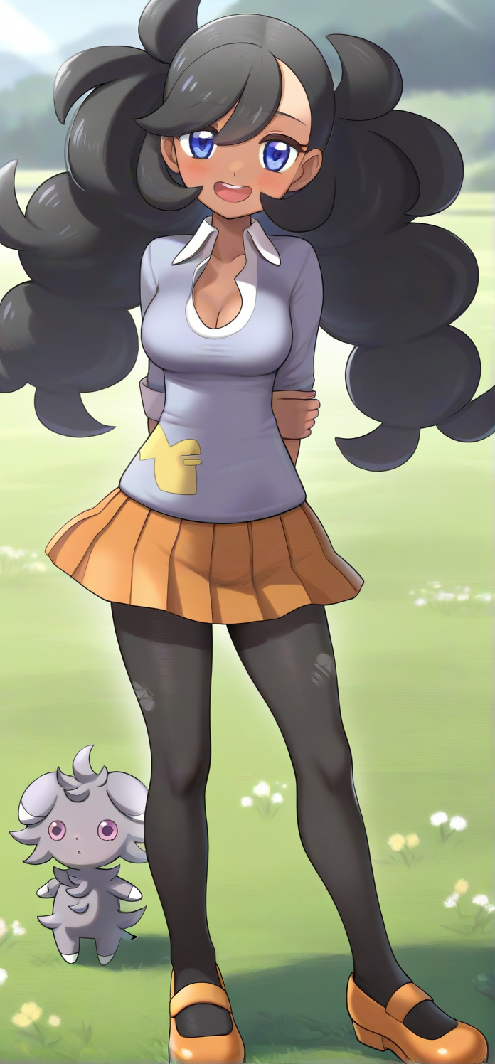 [[hinosaki]], 2d, masterpiece, best quality, amazing quality, 1girl, solo, close-up, standing, open mouth, smile, full body, looking at viewer, meadow, day, ,pkemma, emma \(pokemon\), dark-skinned female, blue eyes, low twintails, bangs, black hair, long hair, blue sweater, [[yellow patch]], white shirt, collared shirt, orange pleated skirt, black pantyhose, torn pantyhose, mary janes, orange footwear, espurr