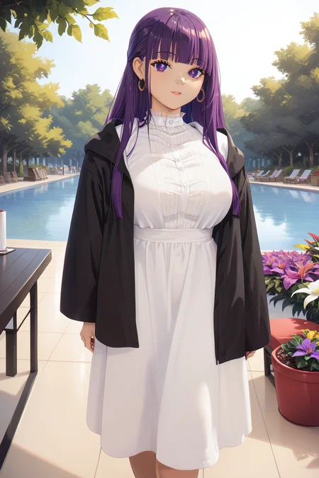 Toraisi666P<lora:Toraisi666P:1>, <lora:SousouNoFrieren_FernXL:0.8> FernSSnF,purple hair, long hair, purple eyes, bright pupils, blunt bangs,large breasts,FernCasual, white dress, black robe, open clothes, hood, frilled collar, Score_9, Score_8_up, Score_7_up, Score_6_up, Score_5_up, Score_4_up, BREAK,1girl in full growth, best quality, masterpiece, ultra-detailed, high quality,good quality,1 girl,(master piece,high resolution, ultra detailed,8K,16K),look at viewer