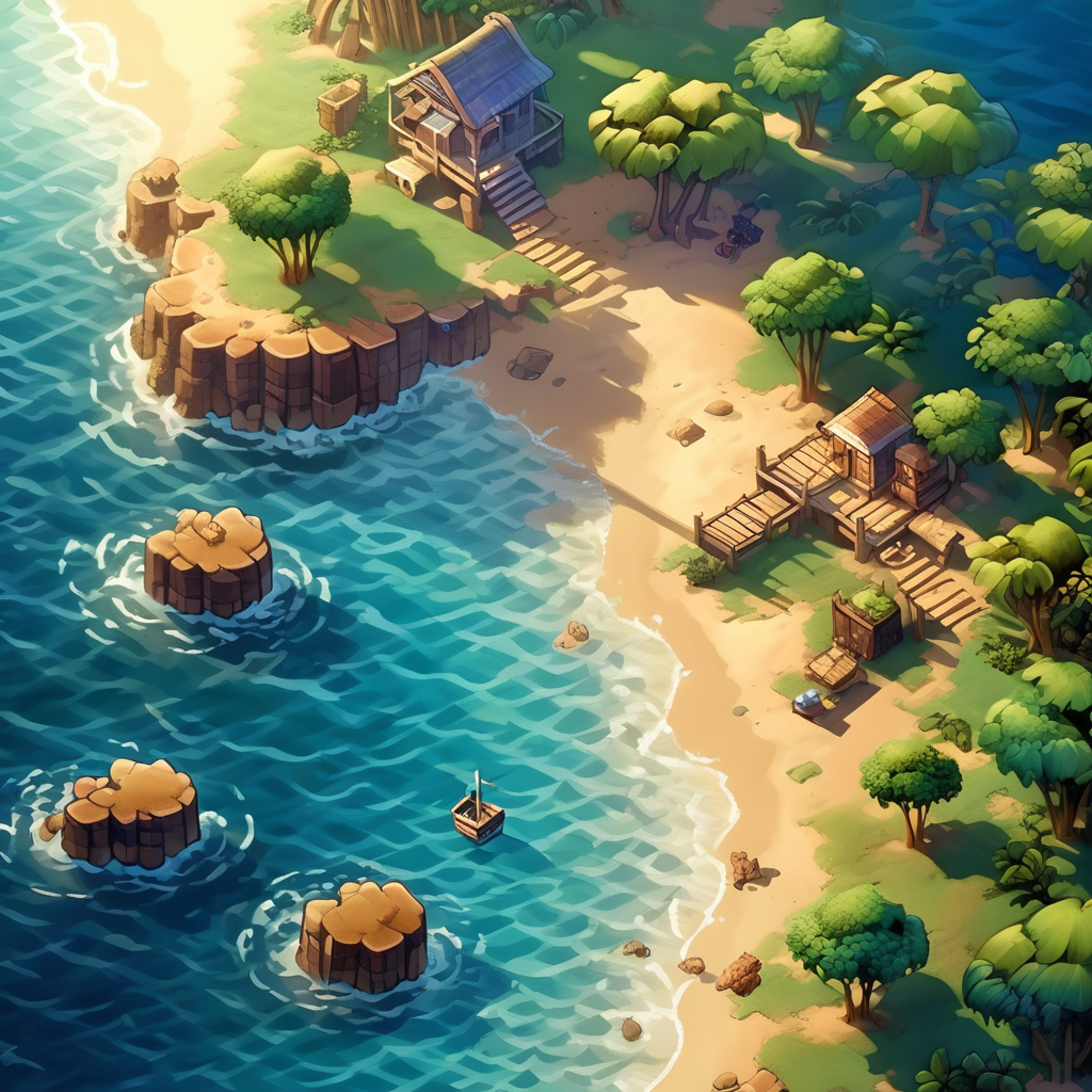 seaside scene,
nature light,Fantastic light and shadow,top down 2d game,2d game scene,<lora:2d_game_scence:0.8>,