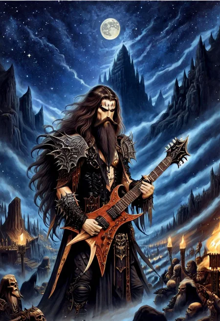 Macabre Fantasy style {1man, Long wavy hair, epic beard, playing a guitar, heavy metal guitar, axe guitar, on an outdoor stage, heavy metal music genre influence} . zavy-brbrn, dark, gothic, grim, magnificent, celestial, ethereal, painterly, epic, comic, majestic, fantasy art, cover art, dreamy, highly detailed, In the style of Alex Horley, close up, starry night, crescent moon,