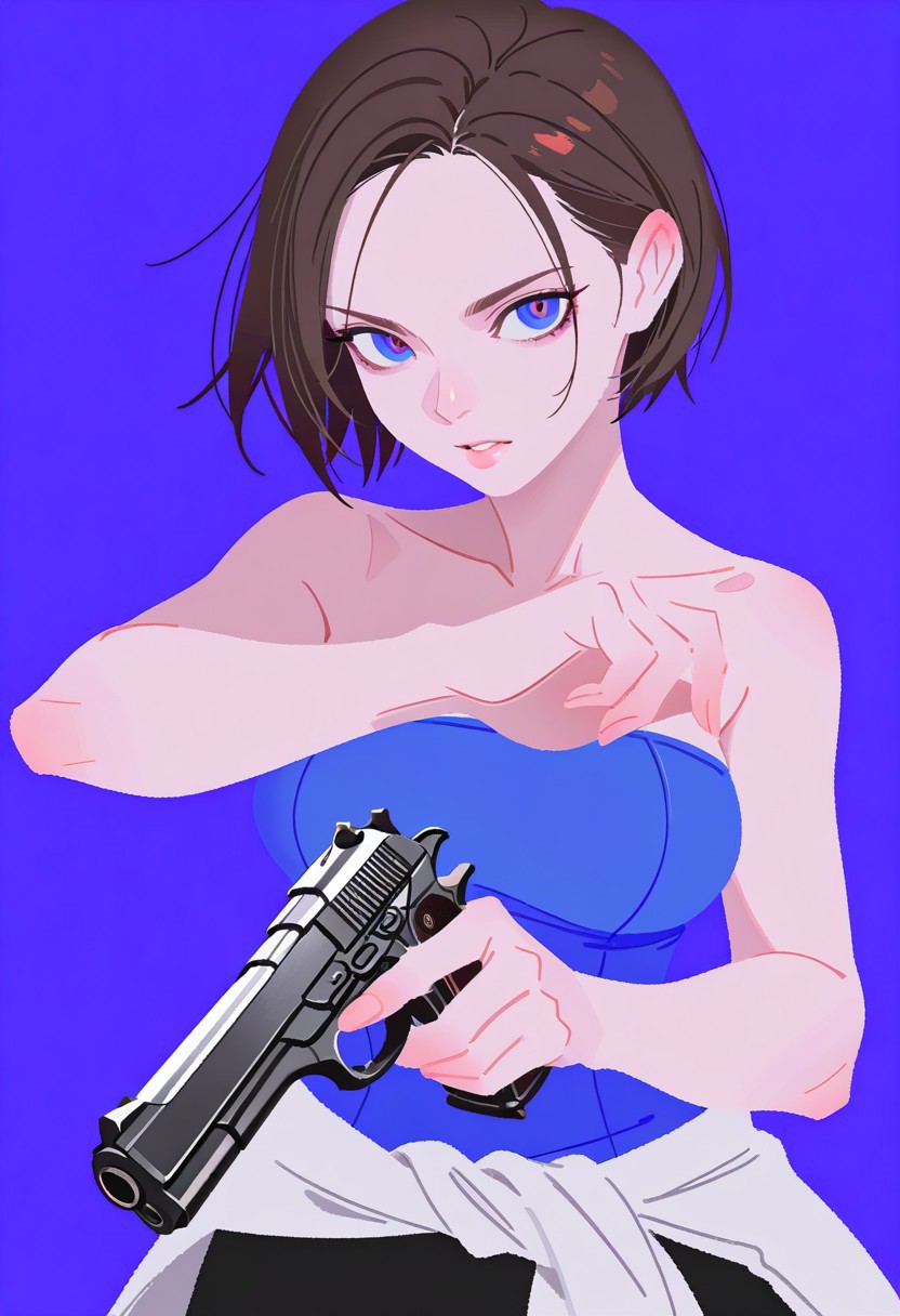 masterpiece, best quality, 1girl, solo, jill valentine,resident evil 3,blue eyes,pupils,brown hair,short hair,(parted lips,looking at viewer,faint lips),(slender,breasts),(blue tube top,collabone,bare shoulder,white clothes around waist,black miniskirt,bare hands),(upper body,dynamic angle),(hand,perfectly),(pose,holding handgun,beretta 92),(deep shadows,flat color,no lineart),(purple background)