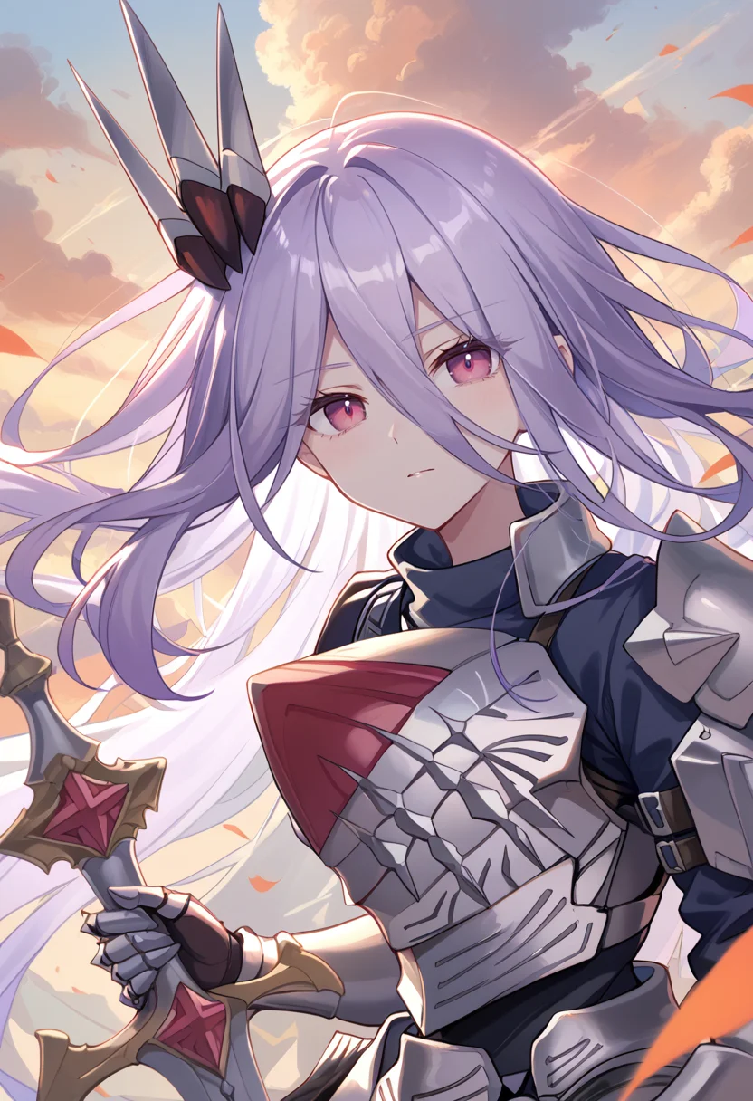 (score_9:0.9),score_8_up,score_7_up,rating_safe,anime style,(zPDXL),(zPDXL3),<lora:The Iris Swordsoul ponyXL v1.1:0.7>,purple eyes,light purple hair,despian luluwalilith, 1girl, solo, silver huge sword, looking at viewer, upper body, dark knight armor, silver hair ornament, silver armored gauntlets, floating hair, sky, holding silver huge sword, red eyes, cloud, fleurdelis, single claw wing