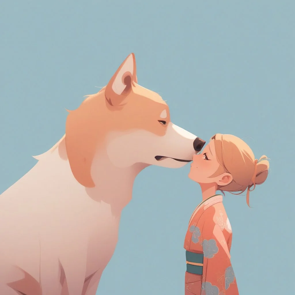 aaAR7fd, score_9,score_8_up,score_7_up,score_6_up, (2 different characters:1.9),(one human boy in kimono),BREAK, (hold one animal dog shiba inu), blue background, profile,