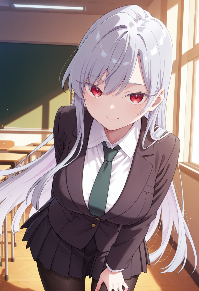 masterpiece,best quality,amazing quality,very aesthetic,absurdres,newest, looking at viewer, indoors, cowboy shot, smile,  classroom, standing, dynamic pose, large breasts, 
 <lora:EiaiNano:1> eiainano, 1girl, red eyes, jacket, grey hair, shirt, white shirt, collared shirt, necktie, blazer, black jacket, very long hair, green necktie, (black pantyhose), pleated skirt, black skirt
