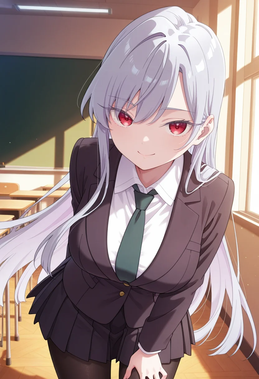masterpiece,best quality,amazing quality,very aesthetic,absurdres,newest, looking at viewer, indoors, cowboy shot, smile,  classroom, standing, dynamic pose, large breasts, 
 <lora:EiaiNano:1> eiainano, 1girl, red eyes, jacket, grey hair, shirt, white shirt, collared shirt, necktie, blazer, black jacket, very long hair, green necktie, (black pantyhose), pleated skirt, black skirt