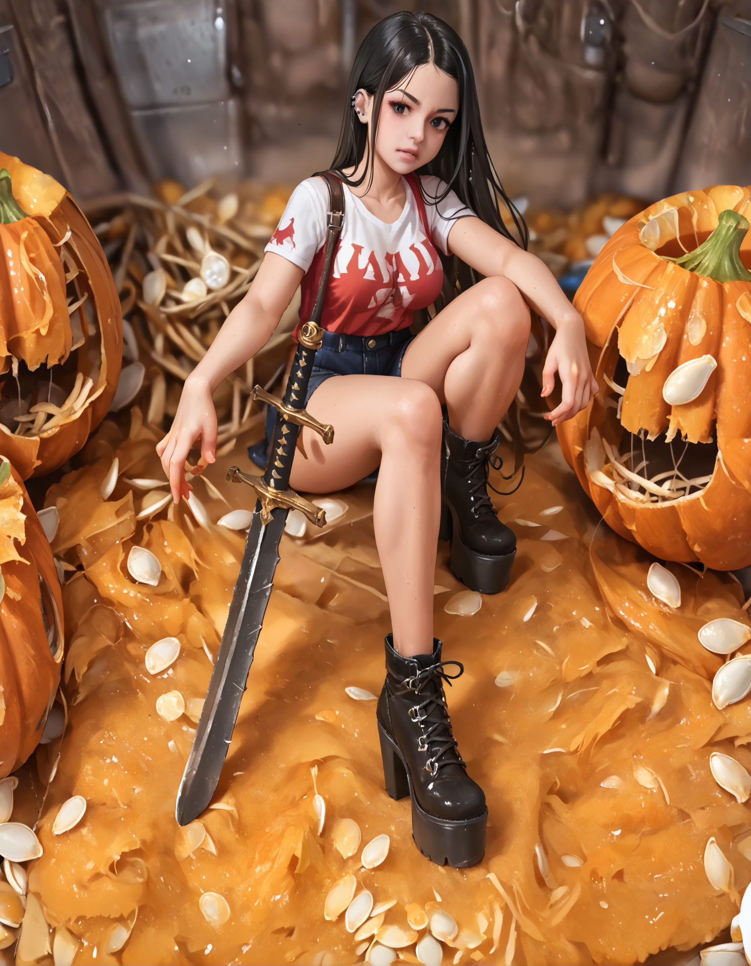 score_9, score_8_up, score_7_up, score_6_up, source_anime,
1girl, goth, 
wide angle, full body,
standing,
battlefield, horror aesthetic,
pumpkins, cut up pumpkins, jack o lanterns,
pumpkinnards, standing in pumpkinnards,
sword covered in pumpkinnards,
looking down,
red hair, large breasts,
sh1tk1cker shoes,
embedding:zPDXLrl ,
embedding:zPDXL2 ,