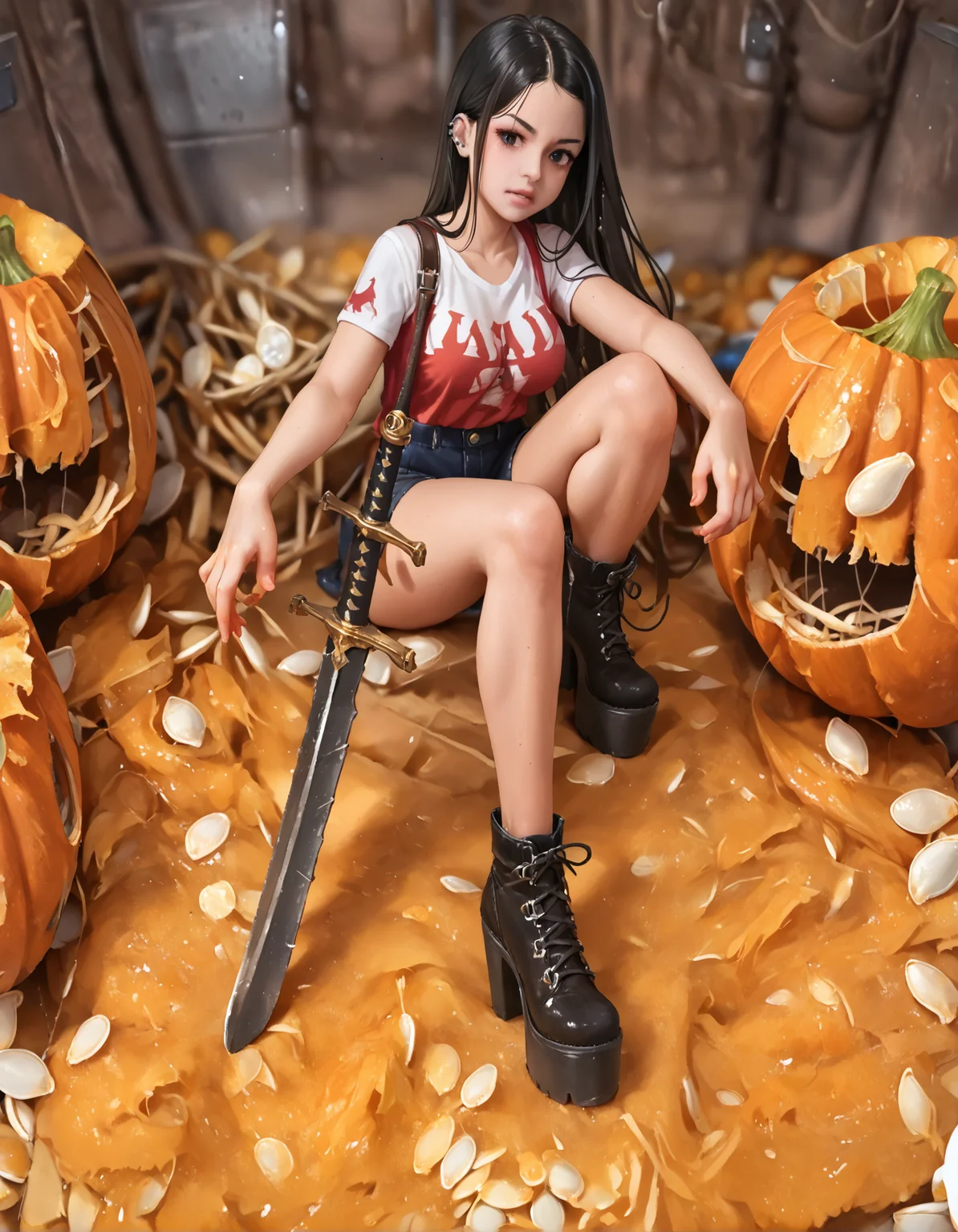 score_9, score_8_up, score_7_up, score_6_up, source_anime,
1girl, goth,
wide angle, full body,
standing,
battlefield, horror aesthetic,
pumpkins, cut up pumpkins, jack o lanterns,
pumpkinnards, standing in pumpkinnards,
sword covered in pumpkinnards,
looking down,
red hair, large breasts,
sh1tk1cker shoes,
embedding:zPDXLrl ,
embedding:zPDXL2 ,