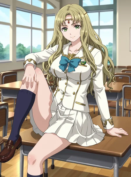 solo, 1girl,solo,(anime screencap:1.2, )
<lora:Guinevere0.3:1>
GuineverePrincess,school uniform,
large breasts, smile,
sitting, sitting in table, one leg up,looking at viewer, Hand on knee,
indoors, school,<lora:Anime_Screencap:1>