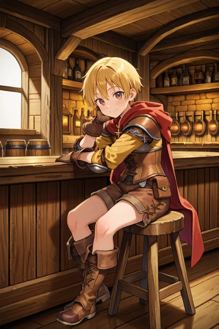 <lora:Canaan:0.8> , CaDef, solo, 1boy, brown eyes, short hair, blonde hair, red hood, hood down, shoulder pads, elbow pads, armor, corset, brown shorts, shorts, brown armor, cross-laced clothes, yellow sleeves, brown gloves, gloves, brown boots, boots, full body, sitting, smile, closed mouth, tavern, bar, wine shelves, wooden countertop, windows, tavern room, adventurer's guild, sitting, bar stool, medieval fantasy, exterior, looking at viewer, solo, masterpiece, very aesthetic, absurdres, best quality, amazing quality, high resolution, detailed background, <lora:illustrious_quality_modifiers_masterpieces_v1:0.8> , <lora:ChamIllustriousBackgroundEnhancer:0.5>