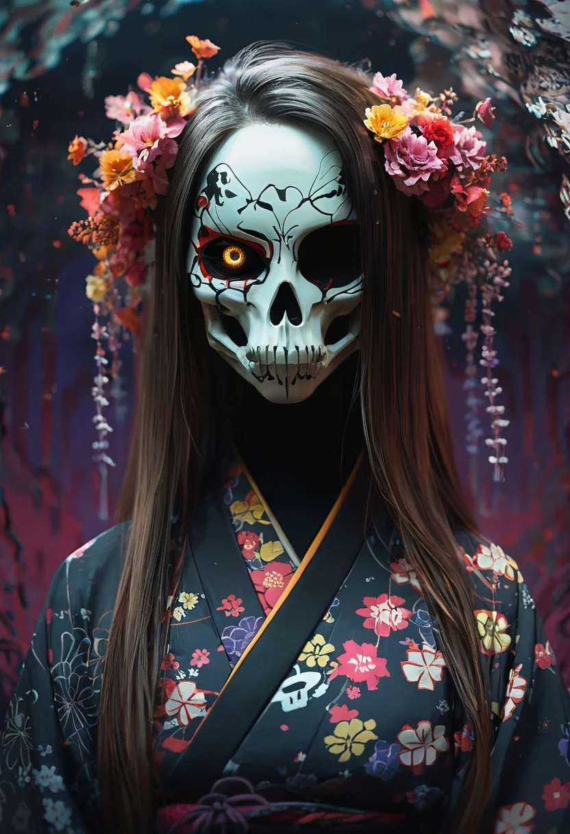 1girl, solo, long hair, looking at viewer, brown hair, brown eyes, yellow eyes, upper body, flower, japanese clothes, kimono, mask, floral print, one eye covered, black kimono, (skull mask),
rim light, surreal, vibrant, .score_9, score_8_up, score_7_up,