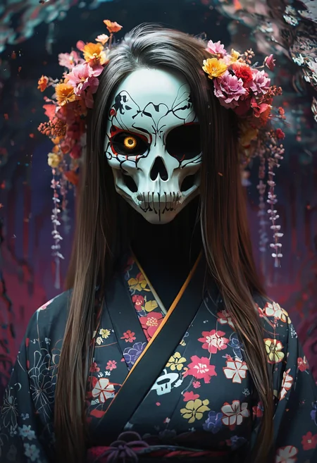 1girl, solo, long hair, looking at viewer, brown hair, brown eyes, yellow eyes, upper body, flower, japanese clothes, kimono, mask, floral print, one eye covered, black kimono, (skull mask),
rim light, surreal, vibrant, .score_9, score_8_up, score_7_up,