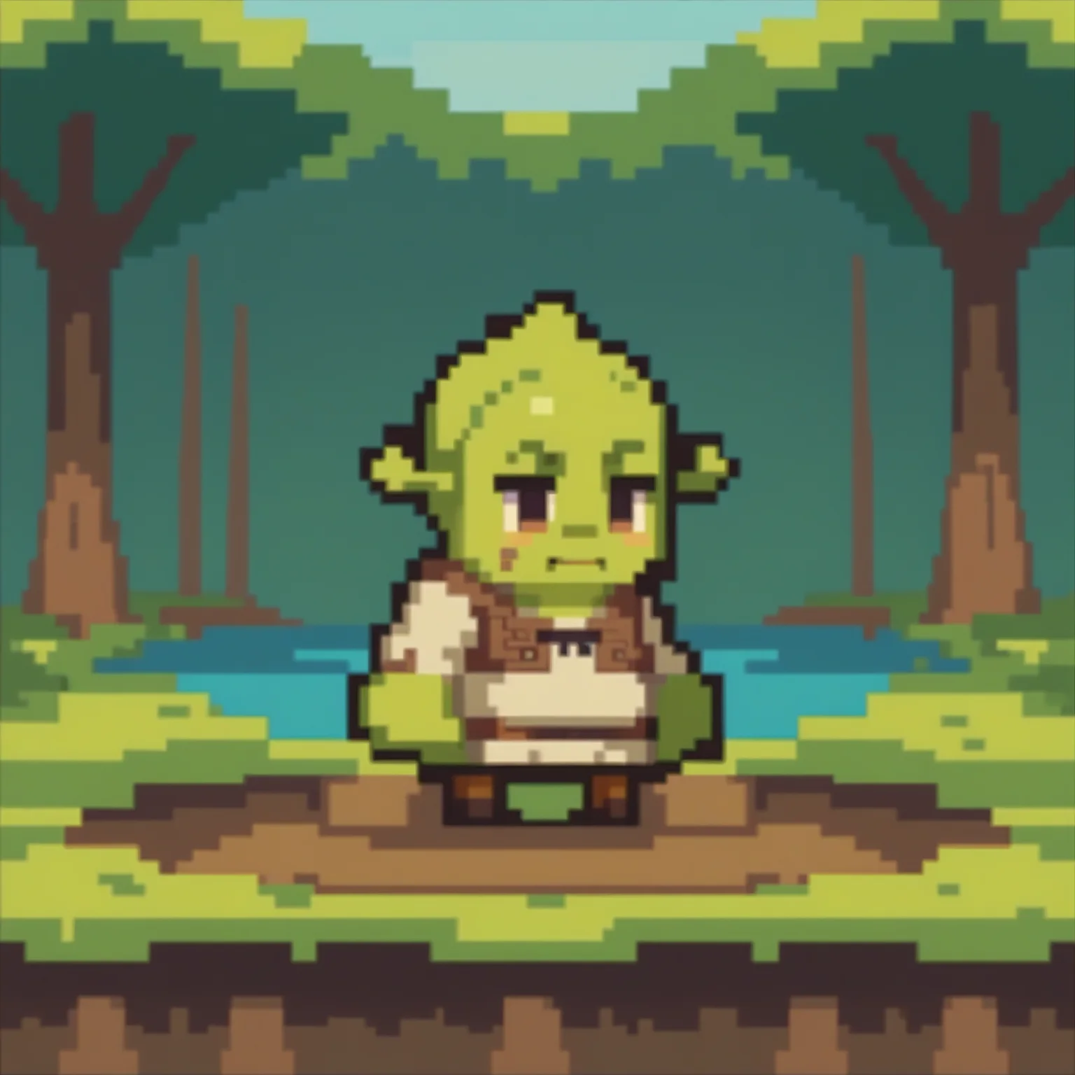 score_9, score_8_up, score_7_up, source_anime, chibi, pixel art, full body, <lora:ChibiPixelArt_XLPD:0.8>, <lora:Shrek_XLPD:1> shrek, green skin, outdoors, wetland, swamp, dirt, 1boy, tree,