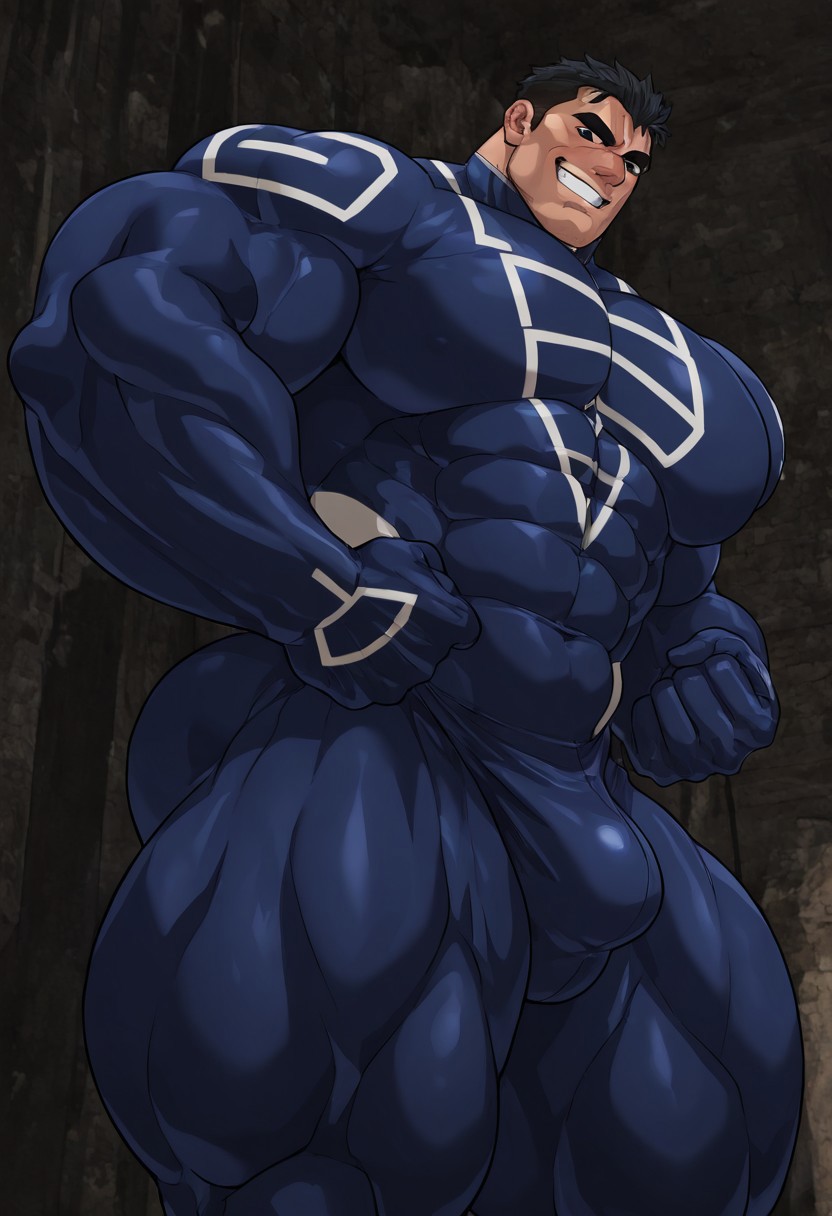 1boy, male focus, black eyes, solo, 1boy, male focus, bara, muscular,, big pecs, broad shoulders, thick thighs, detailed background, perfect anatomy, masterpiece, perfect quality, best quality, detailed eyes, detailed, newest, very aesthetic, Liftman, Blue Titan, blue bodysuit, skin tight, superhero pose, grin