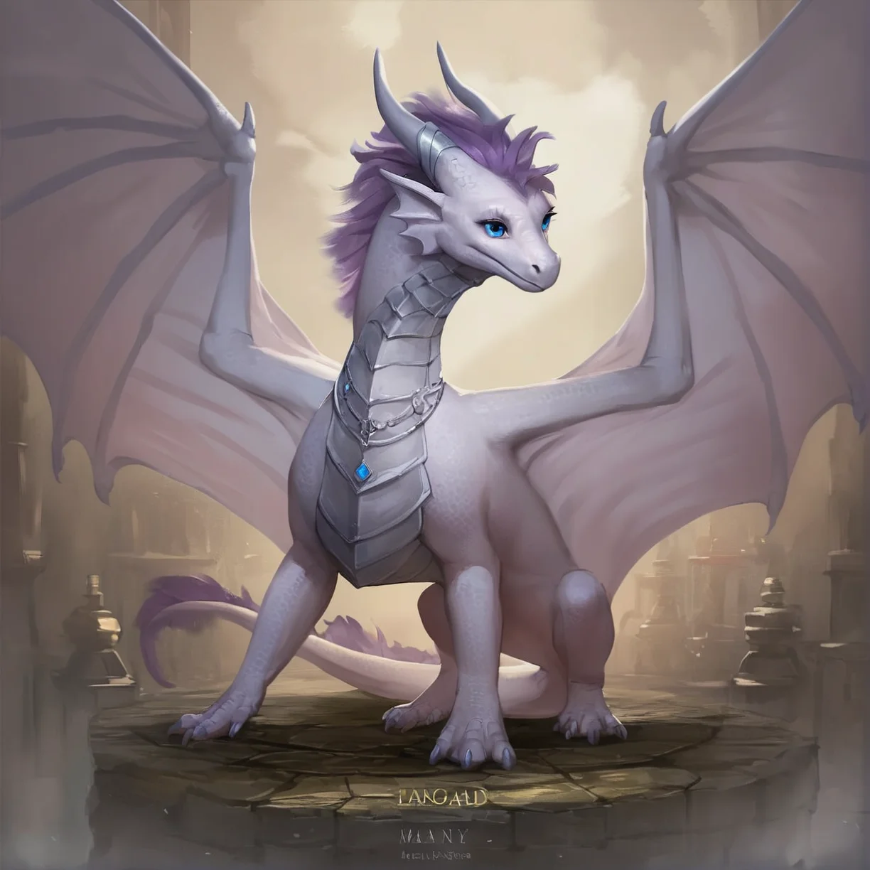 <lora:Female_Feral_Dragon_Concept_PonyXL:0.65> feral, western dragon, score_9, score_8_up, score_7_up, score_6_up, score_5_up, score_4_up, source_furry, rating_safe, female, wings, detailed background, fantasy, full body, quadruped, spread wings, purple hair, blue eyes, white body, at a winery, fantasy