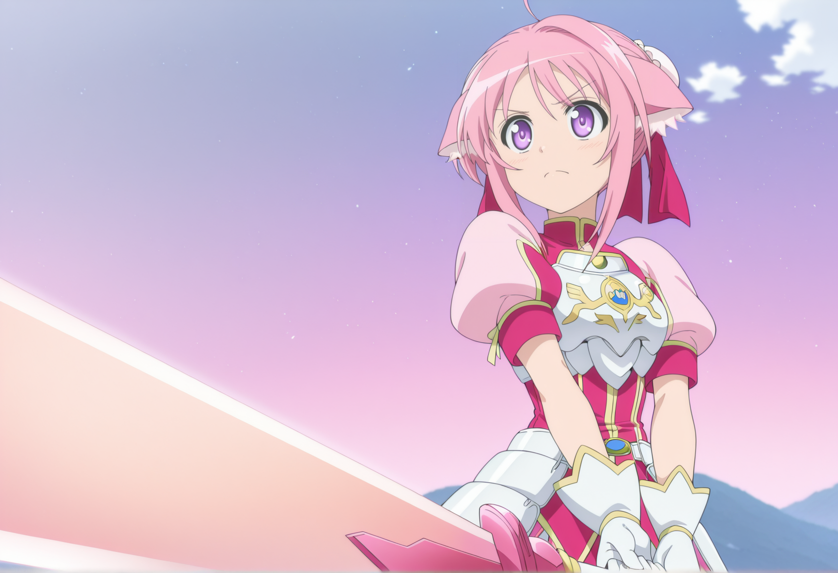 anime coloring, anime screenshot, anime screencap, 1girl, pink hair, double bun, bun cover, ribbon, dog ears, purple eyes, pink dress, sleeveless, puffy sleeves, gloves, armor, holding sword <lora:biscotti_dd:1> brave_pose  <lora:Brave_Pose:1>, masterpiece, best quality, amazing quality, very aesthetic, absurdres, highres, newest