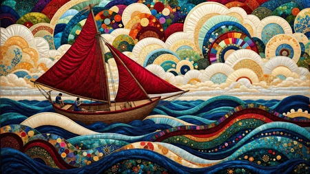 The basic scene is red sailing dinghy on a stormy ocean. The picture combines Fauvism simple elements with a modern interpretation characterized by elegant lines, a summer color palette, and intricate feathered details. The background skilfully blends shapes into a Surrealist backdrop. <lora:midjourney_whisper_chromaplex_v1:0.8> <lora:Embroidered_Quilting_Flux:0.8>