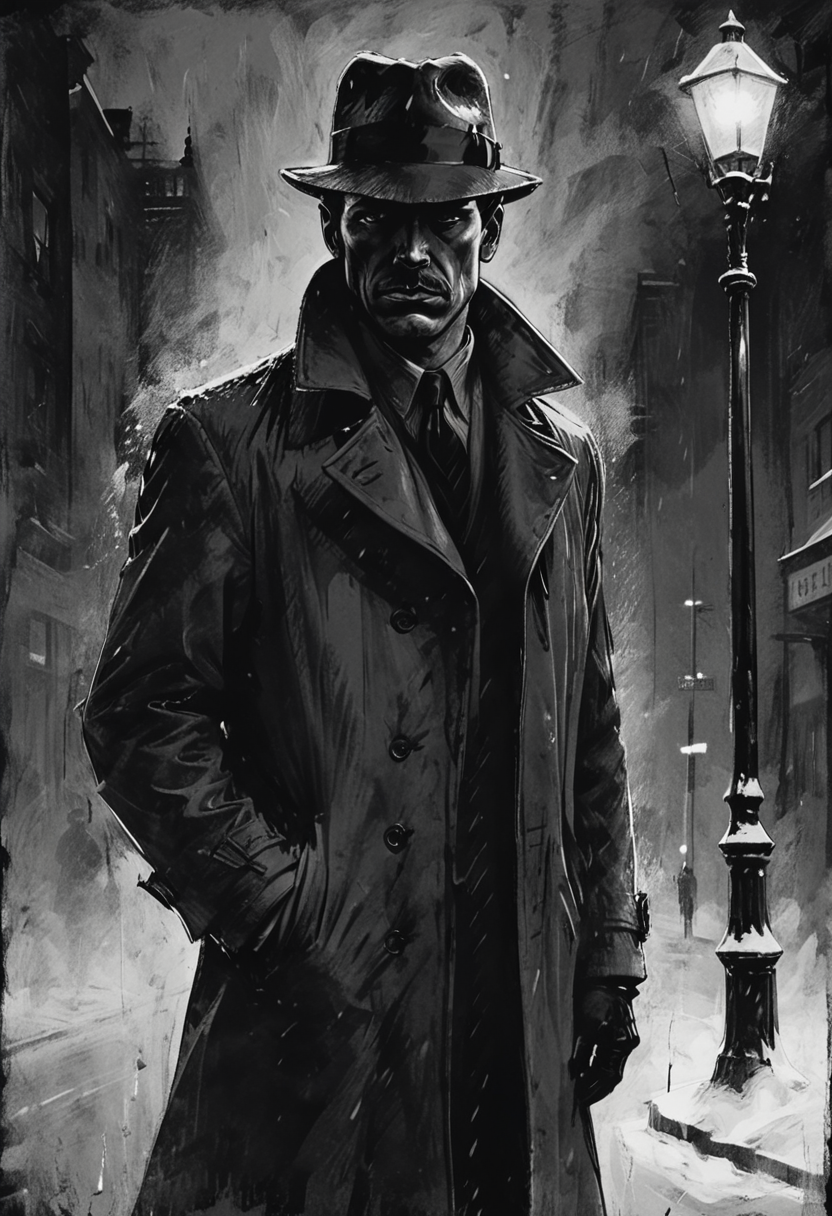 drawing of a moody detective standing on a street corner during a strong blizzard, foggy snow storm, low visibility, film noir style, <lora:add-detail-xl:-1>,  <lora:Dark_Novel:0.7>