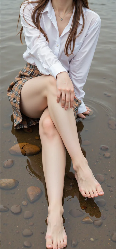 focus on bare feet,A woman is sitting on the ground with her legs crossed. She is wearing a white shirt and a plaid skirt. Her foot is bare and is sitting in the water.