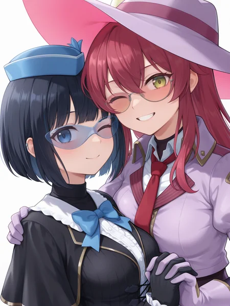 phantom thief, 2girls, interlocked fingers, holding hands, one eye closed, smile, yuri, looking at viewer, evil twin ki-sikil, red necktie, purple large hat, purple gloves, purple cropped jacket, orange-tinted eyewear, black bodystocking, upper body, evil twin lil-la, blue bowtie, white frilled shirt, black jacket, blue mini hat, blue-tinted eyewear, black gloves
masterpiece,best quality,amazing quality,very aesthetic,absurdres,newest,<lora:Evil Twin illuXL v1:0.7>,