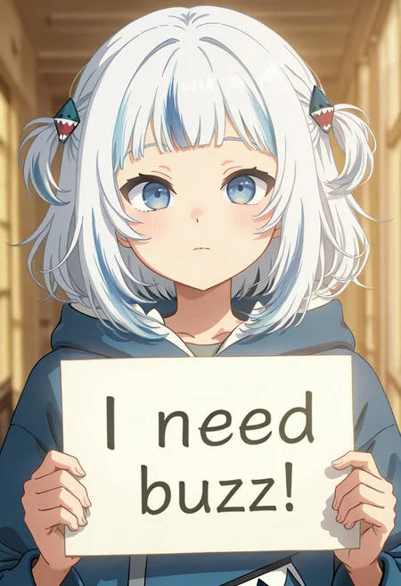 score_9, score_8_up, score_7_up, score_6_up,Enchanting Eyes, LDSCH Style, aesthetic, absurdres, beautiful, highres, detailed eyes,
Solo, 1girl,hololive gawr gura,((short hair)), blue eyes, white hair, need_buzz, holding sign,