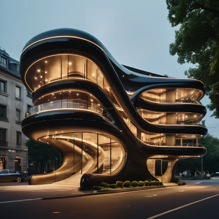, ((Futurism)), building,masterpiece , best quality, RAW photo, subject, 8k uhd, dslr, soft lighting, high quality, film grain, Fujifilm XT3, outdoors, day,  tree,  ground vehicle, building, scenery, road, lamppost, real world location, curvy, <lora:JJsFuturismStyle_Building_XL_dim128:1>