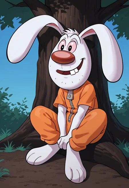 Score_9, score_9_up, solo, 1boy, furry, rabbit, animal, white fur, big nose, red nose, pink sclera, black eyes, buckteeth, uneven teeth, rabbit ears, floppy ears, aftershave, orange jumpsuit, three toes, sitting under a tree, legs crossing