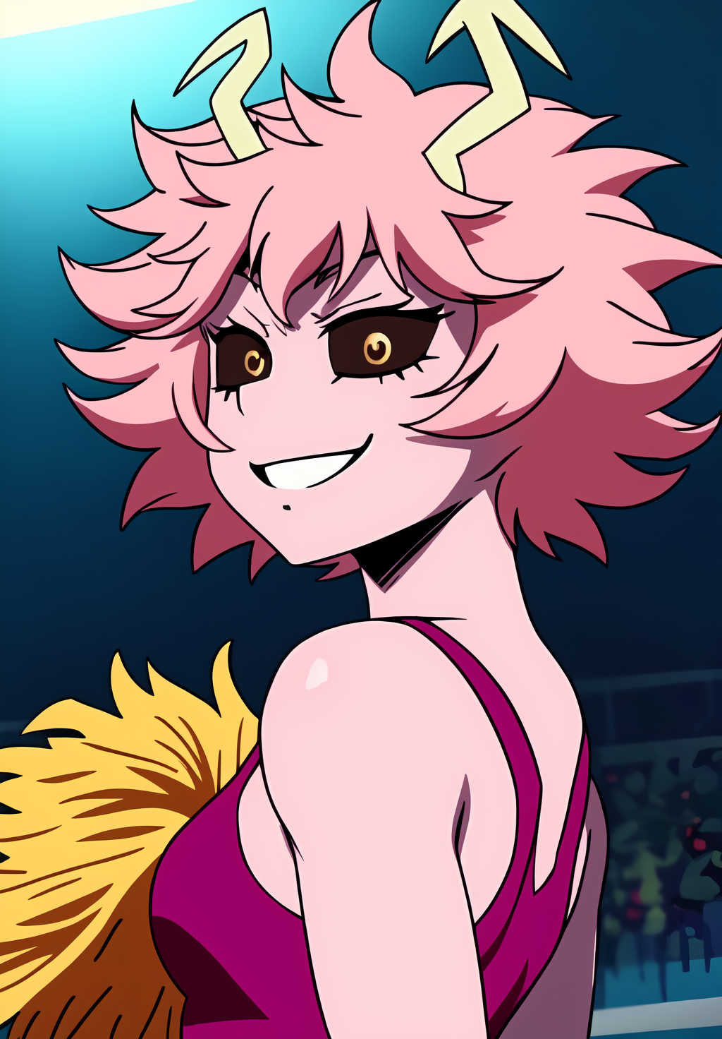 <lora:mina_ashidov2:0.8>, mina_ashido, (masterpiece, best quality,perfect lighting), 1girl, solo, smirk, strike a pose, portrait, orange cheerleader, from side, looking at viewer, colored skin,