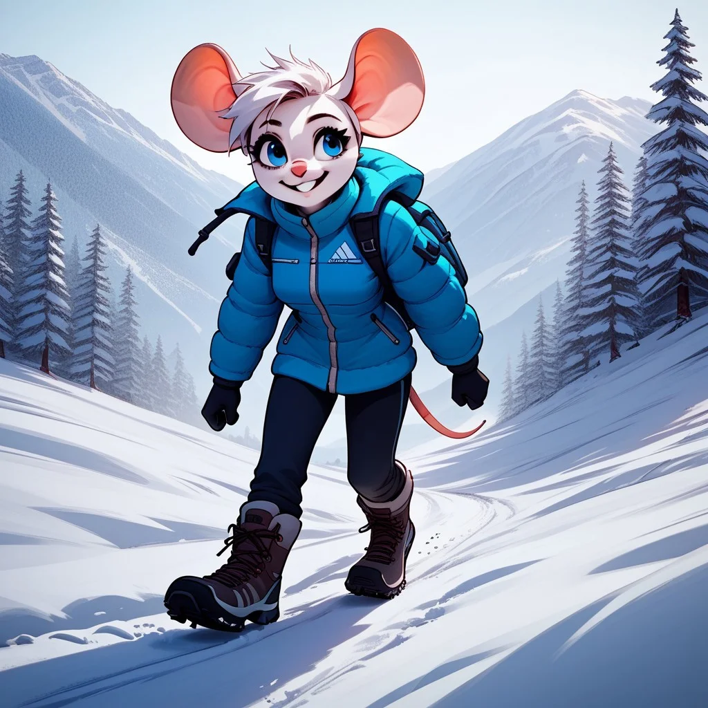 score_9, score_8_up, score_7_up, source_anime, B3ck13M0us3, anthro mouse, hiking in a blizzard, hiking jacket, hiking boots, snow, low visibility, white background, close up, smiling,